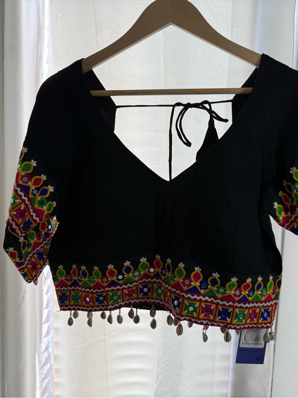 Embroidered Black V-Neck Blouse with Mirror Tassels